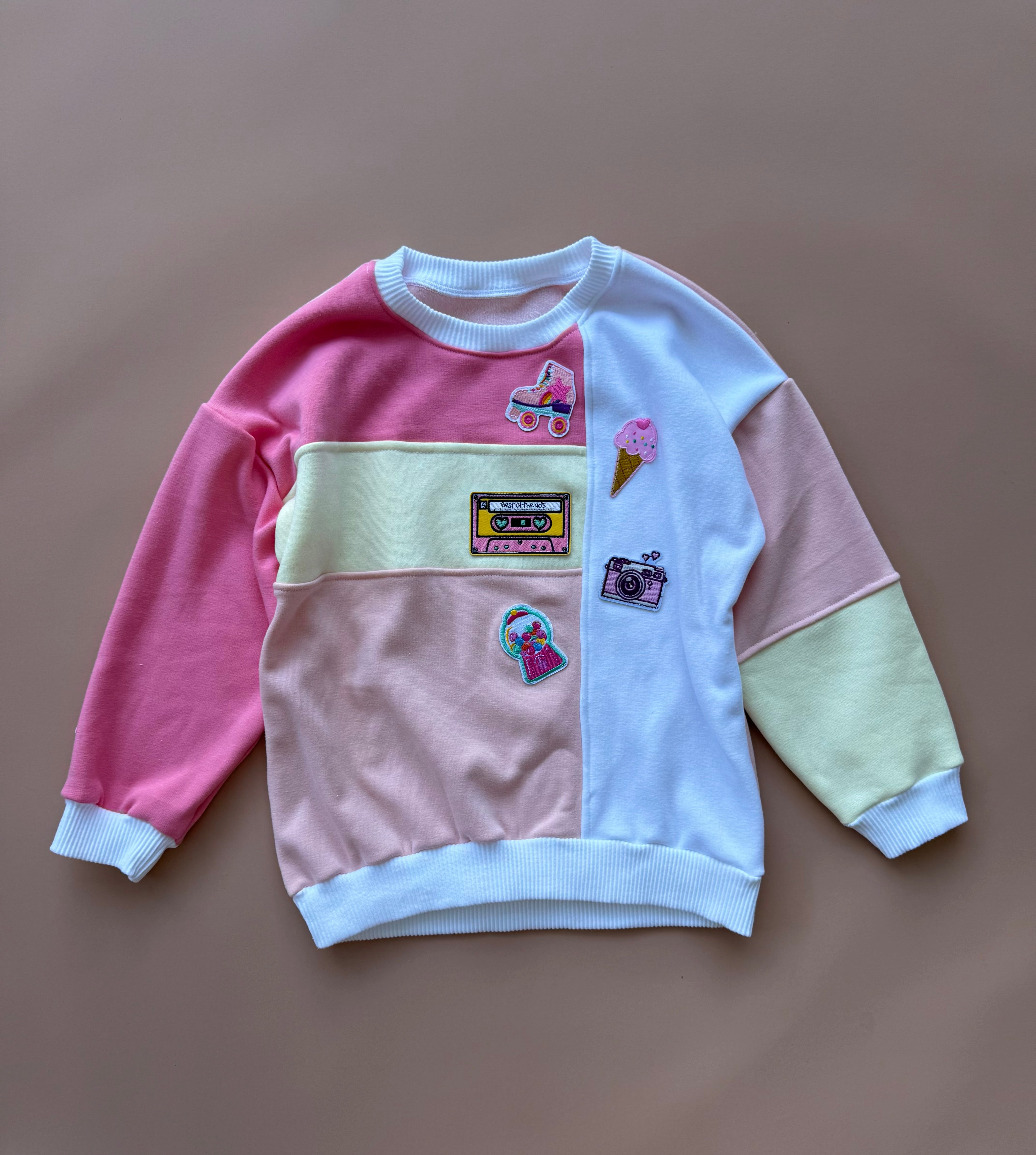 Oversized Colour Block Pullover - Peachy Pink (with 90s patches applied)