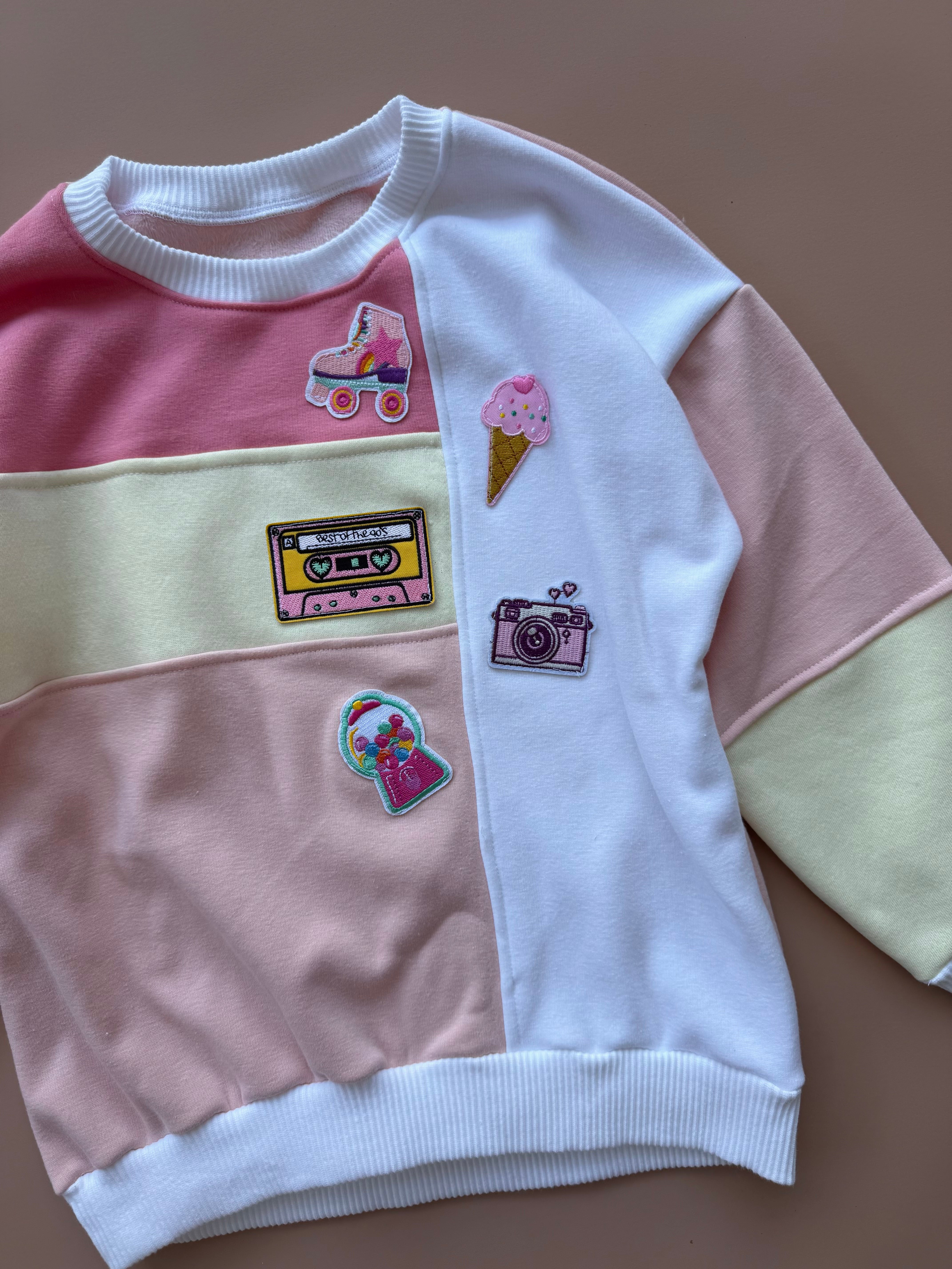 Oversized Colour Block Pullover - Peachy Pink (with 90s patches applied)