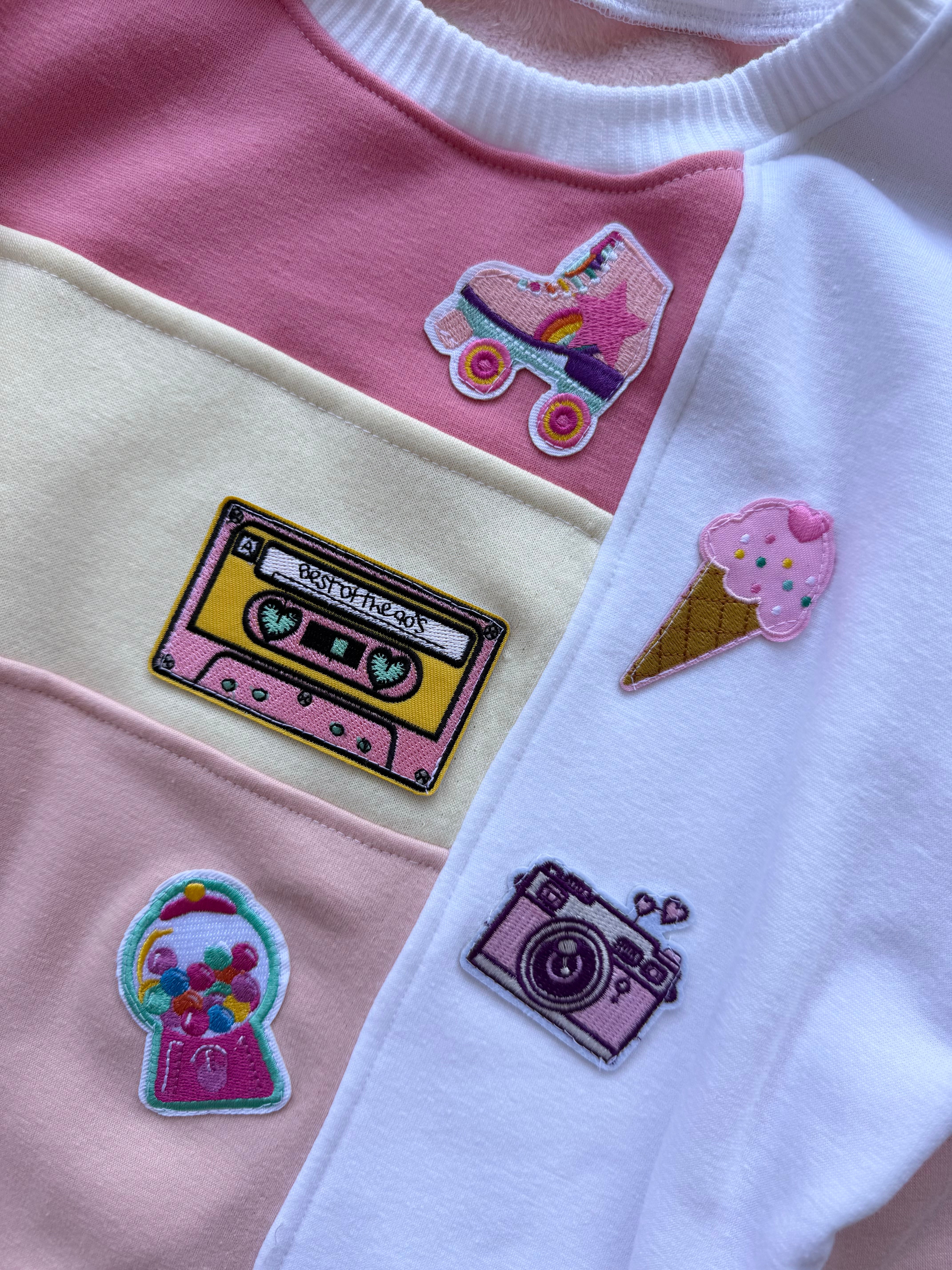 Oversized Colour Block Pullover - Peachy Pink (with 90s patches applied)